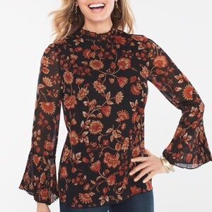 CHICO'S Large Jacobean Floral Ruffle Mock Neck Fall Pleated Boho Sleeves Blouse
